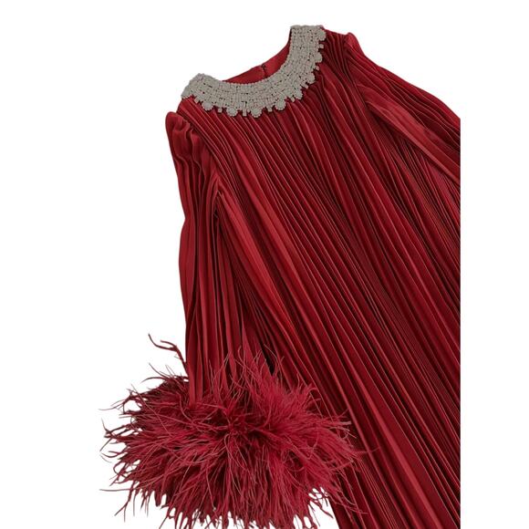 Self Portrait Red Embellished Feather-Trimmed Chiffon Maxi Dress US 8 - Picture 9 of 9